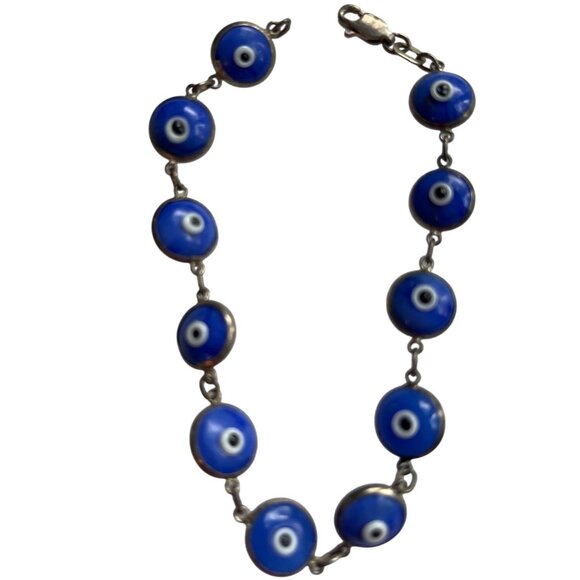 Evil Eye Protection Bracelet With Blue Glass Beads & Metal Links A171 - Picture 2 of 4